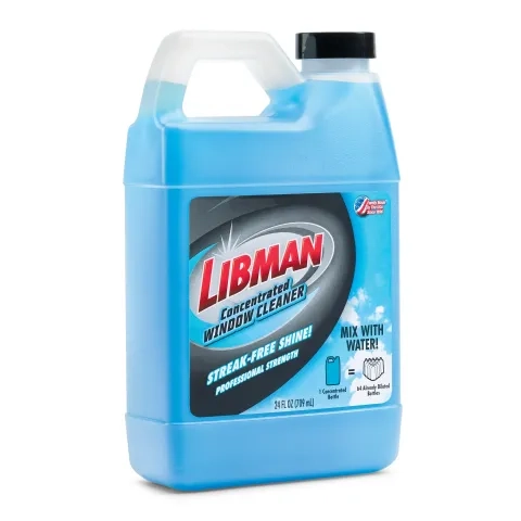 Blue liquid glass cleaner in plastic bottle