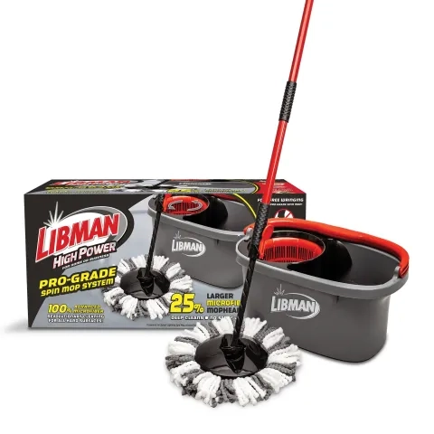 Gray mop and bucket next to their packaging box