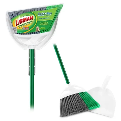 Broom in plastic packaging next to broom out of packaging