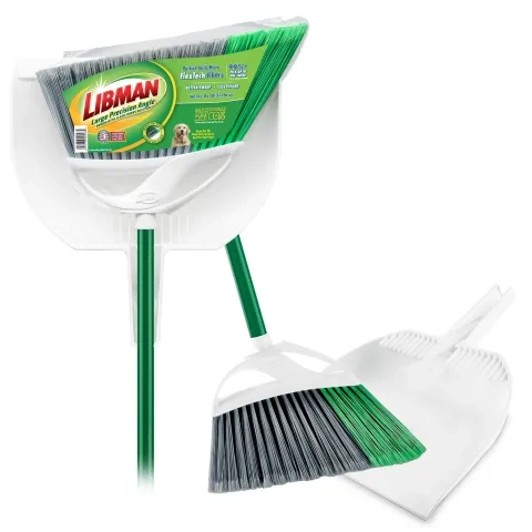 Broom and dustpan in plastic packaging next to same items out of packaging next to them