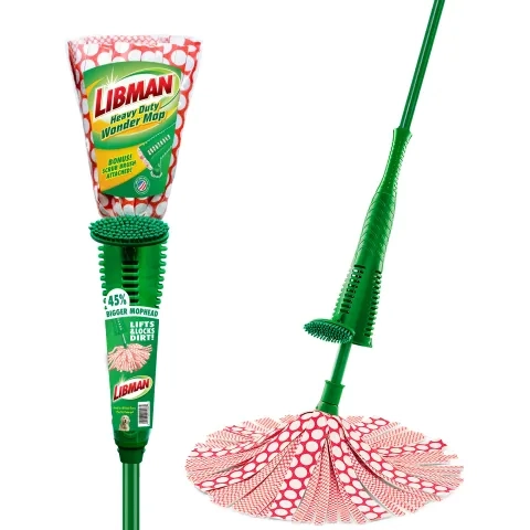 Green mop in plastic packaging next to same mop out of packaging