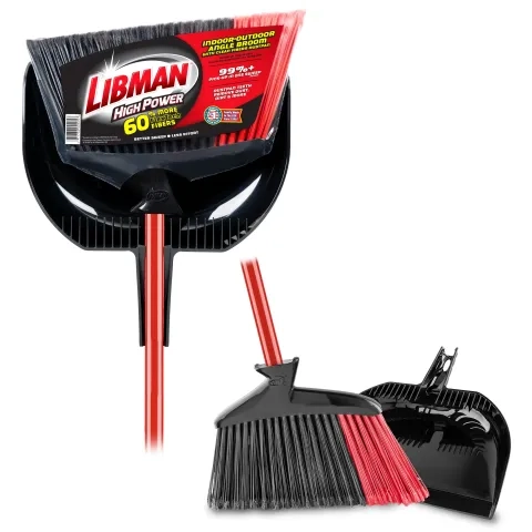 Broom and dustpan in plastic packaging next to same pair out of packaging