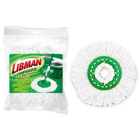 White mop head in plastic packaging next to same mop head out of packaging