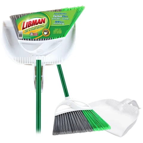 Broom and dustpan in packaging next to same pair out of packaging